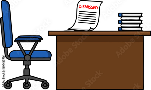 A symbol of the fear of being fired. An empty office desk with a dismissal notice and a pushed-back chair, conveying a sense of emptiness and loss.