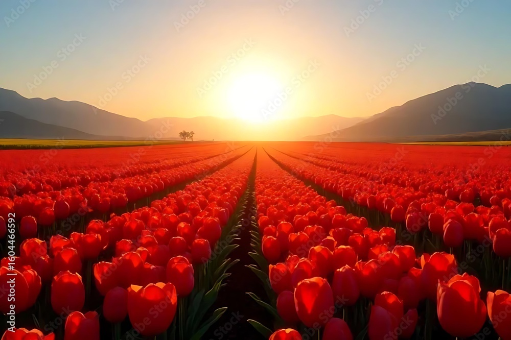 Fototapeta premium tulip field at sunset