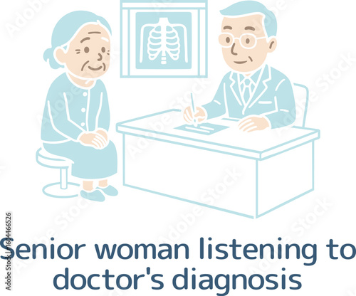 レントゲンを見ながら医師の説明を聞く高齢者（主線なし）
Elderly people listening to a doctor's explanation while looking at an X-ray (no main line)
