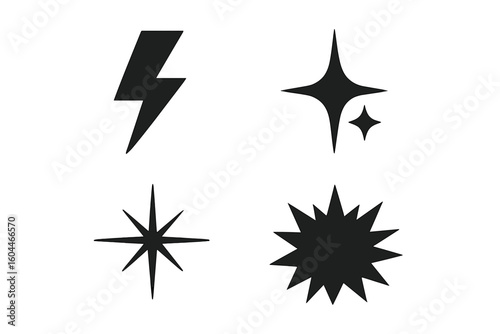Lightning bolt, sparkle, starburst, explosion vector icon set. Simple black graphic design elements. Power, energy, flash, magic symbols. Isolated illustration collection.