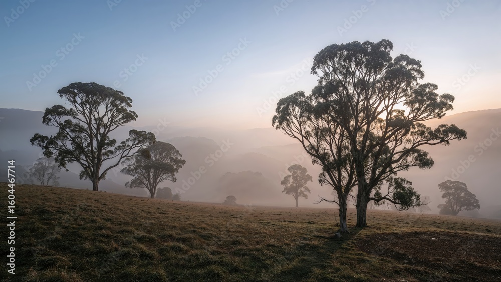 Obraz premium Frost-laden, foggy early hours in a rugged landscape