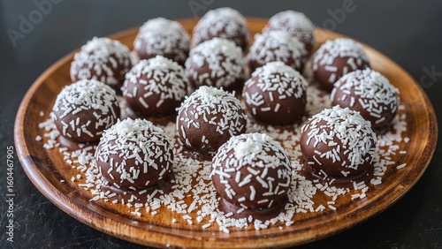 Wooden platter of rum balls coated in shredded coconut