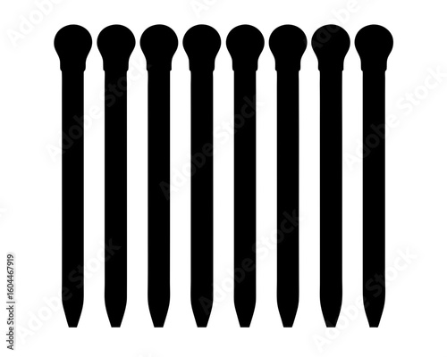 Seven identical black stylus pens arranged in a row on white background