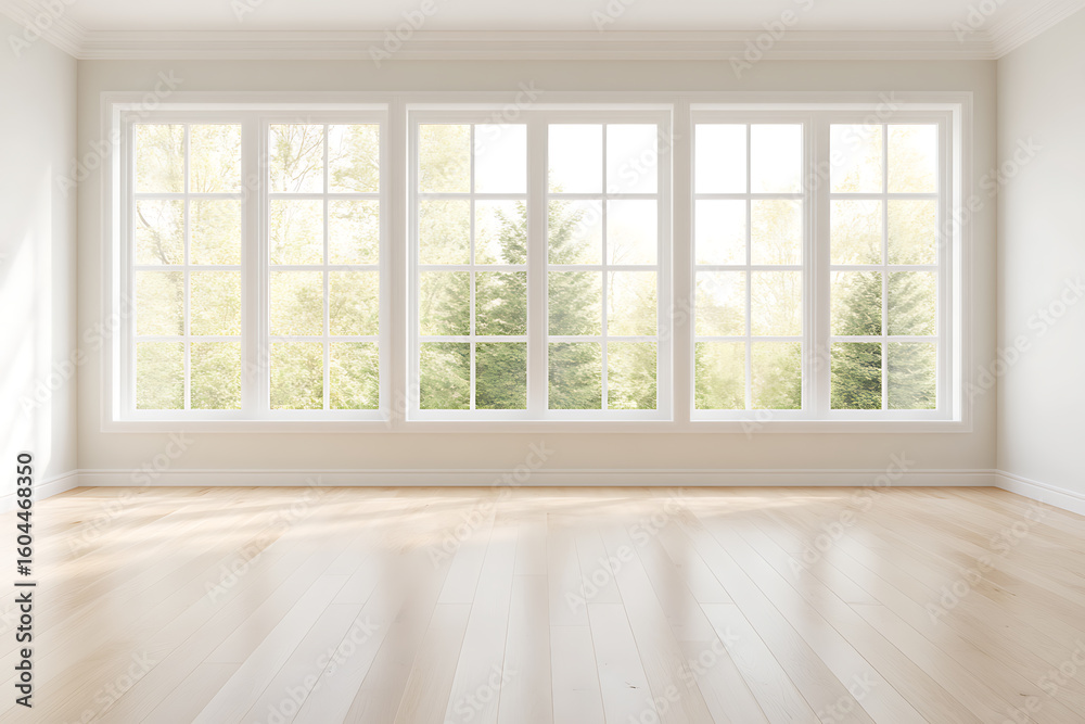 Fototapeta premium Bright interior featuring a large window offering a view of trees, complemented by a light wood floor. Clean, spacious design.