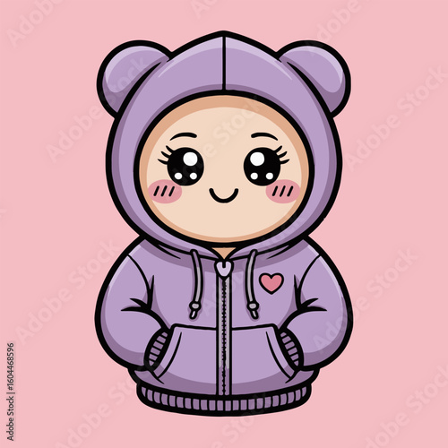 Cute cartoon character wearing a purple bear hoodie on a light pink background illustration art