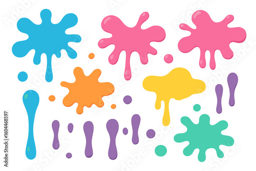 Vector set of colorful paint drops, liquid splash, and ink drips. Abstract fluid shapes, blobs, and splatters for graphic design, backgrounds, and stickers illustration.