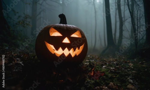 A Halloween jack-o'-lantern glows in the dark forest.