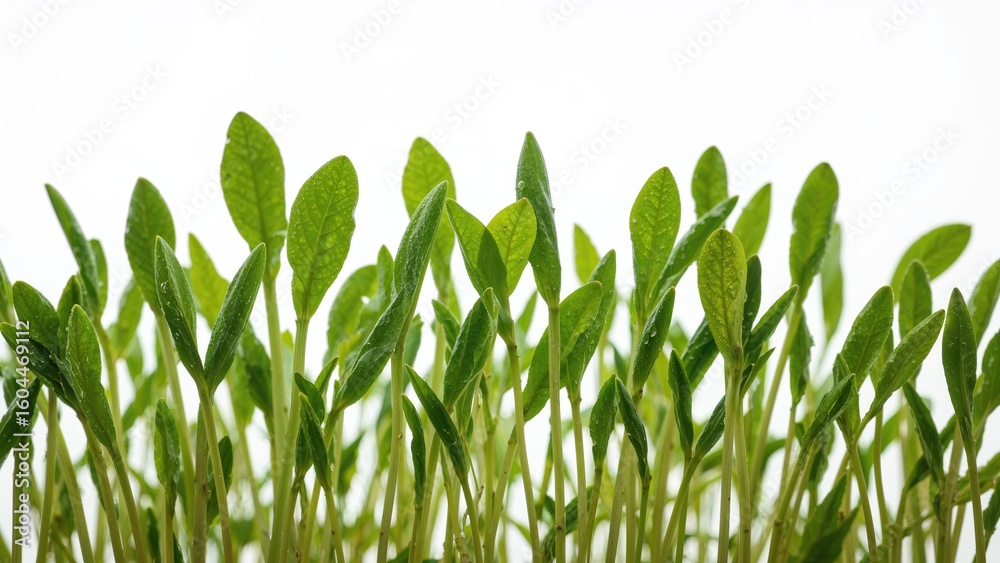 Zoomed-in perspective of tender sprouting plants against a textured abstract background, emphasizing food and water motifs, summer nature, grass, leaf structures, and white color accents Zoomed-in perspective of tender sprouting plants against a textured abstract background, emphasizing food and water motifs, summer nature, grass, leaf structures, and white color accents