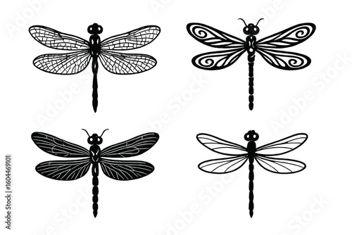 Dragonfly vector set. Black dragonfly silhouette collection for logo, tattoo, or icon. Insect animal graphic design element. Nature symbol illustration for artistic decor.