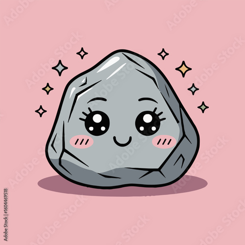 A cute cartoon rock with big eyes and a smile surrounded by sparkling stars on a pink background