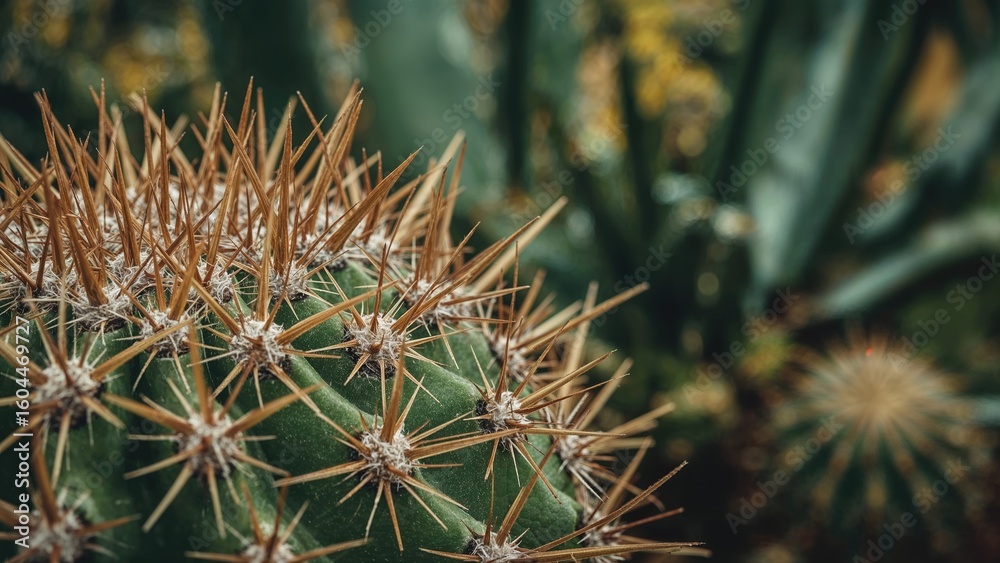 Close-up image of prickly cactus spikes with a leafy backdrop Close-up image of prickly cactus spikes with a leafy backdrop