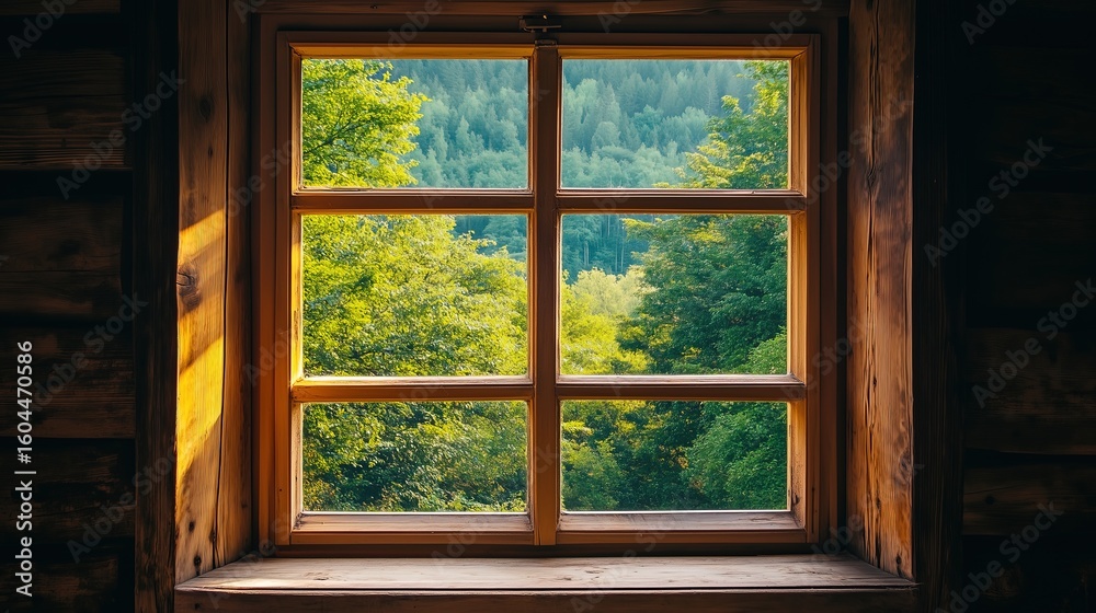 Fototapeta premium Simple Wooden Window Framing Vast Natural View, Symbolizing Tradition and New Life, for Digital Backgrounds, Wallpapers, and Inspirational Designs.