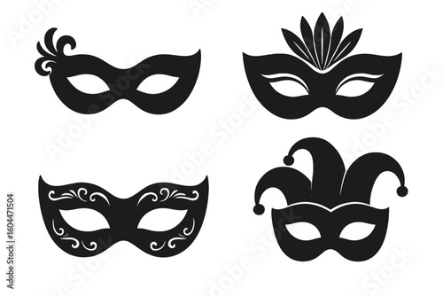Elegant Carnival and Masquerade Mask Vector Set. Decorative Disguise Masks for Costume Party, Mardi Gras, Venetian Festival, Masquerade Ball, Theatrical Event. Isolated Black Silhouettes Collection