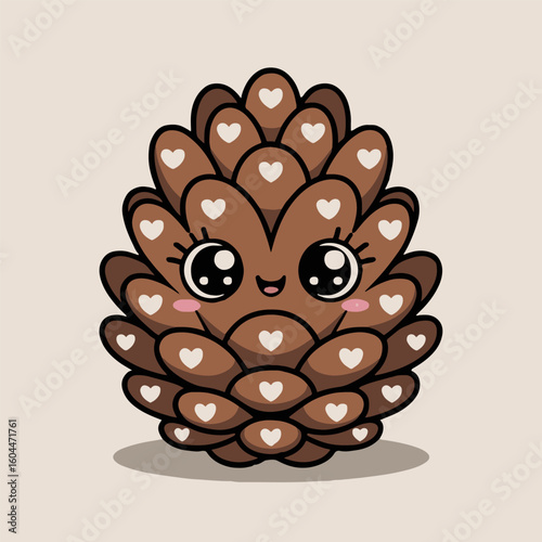 Illustration of a cute cartoon pinecone with hearts on its scales and big eyes on a light background