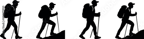 Dynamic Silhouette of Hikers Climbing Mountains with Backpacks and Trekking Poles