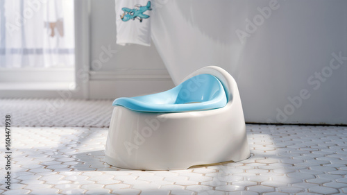 Child's potty in bathroom. A blue and white potty chair sits on a tiled bathroom floor in bright sunlight, representing potty training and child development.