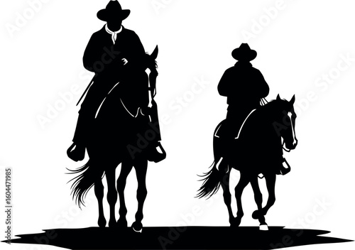 Silhouette of Two Cowboys Riding Horses at Sunset