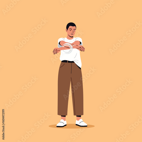 Man Crossing Arms Showing Discomfort or Anxiety Against Peach Background