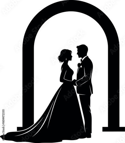 Eternal Vows Silhouette: A romantic silhouette of a bride and groom tenderly holding hands under a graceful arch, set against a striking background, evoking a sense of timeless commitment and love.