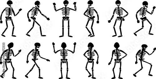 Group of Black Skeleton Silhouettes in Various Poses for Halloween or Day of the Dead