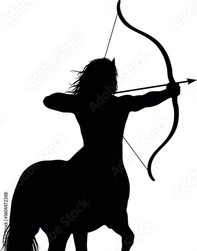 Mystical Archer: A stylized, silhouette depiction of a Centaur, mid-action drawing back a bow and arrow. A mythological symbol of power and focus.