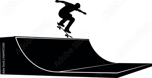 Skateboarding Silhouette: Dynamic silhouette of a skateboarder executing an aerial trick on a ramp, showcasing skill and the thrill of the sport.
