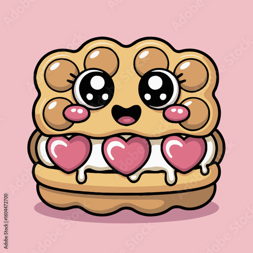 Cartoon cookie sandwich with heart decorations and a smiling face on a pink background color scheme