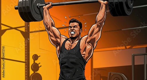 Muscular man lifting heavy barbell overhead in intense gym workout