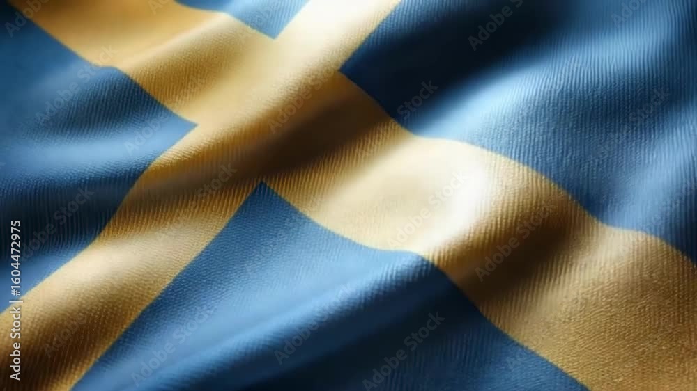 Silk fabric showcases the vibrant blue and yellow colors of the Swedish flag, highlighting its intricate texture and design.