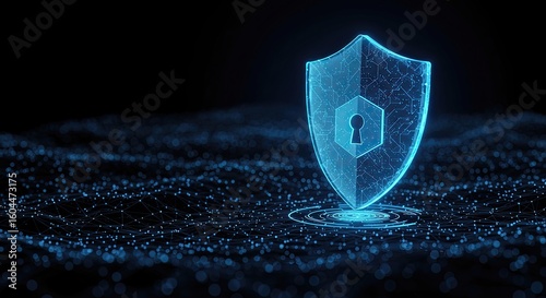 Digital security shield with keyhole on dark blue abstract network background
