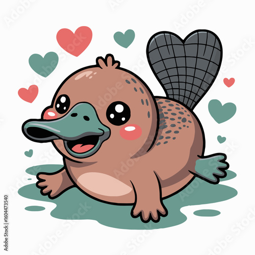 Cartoon platypus with hearts floating around it on a white background in a cute kawaii style