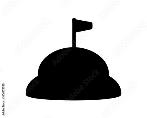 A black silhouette illustration of a hill or mountain with a flag on top