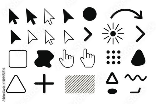 Mega set of vector graphic elements for creative projects. Collection of minimalist cursors, pointers, and icons. Modern digital assets for UI and UX design, web, and apps.