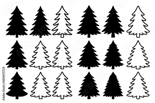 Pine tree silhouette and outline vector set. Christmas tree icon collection. Evergreen, fir, spruce forest graphic elements. Winter holiday design asset for decoration.