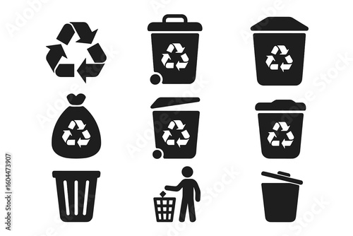 Recycling waste bins vector icons set. Eco-friendly environment sustainability concepts. Garbage can, trash bag and rubbish disposal symbol for ecology illustration.