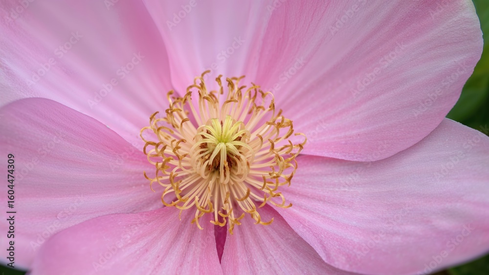 Obraz premium Detailed view of a Clematis flower's reproductive parts with colorful petals in summer