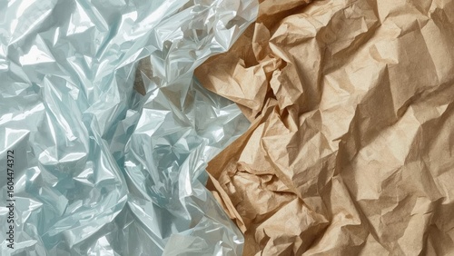 Transparent polymer surface contrasted with colored paper texture. Synthetic wrap comparison. Eco-friendly living and pollution awareness