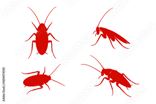 Red Cockroach Silhouette Vector Set for Pest Control, Insect Exterminator, Bug Icon Isolated, Clean Hygiene Concept, Editable Illustration Pack, Transparent Background for Infestation Awareness
