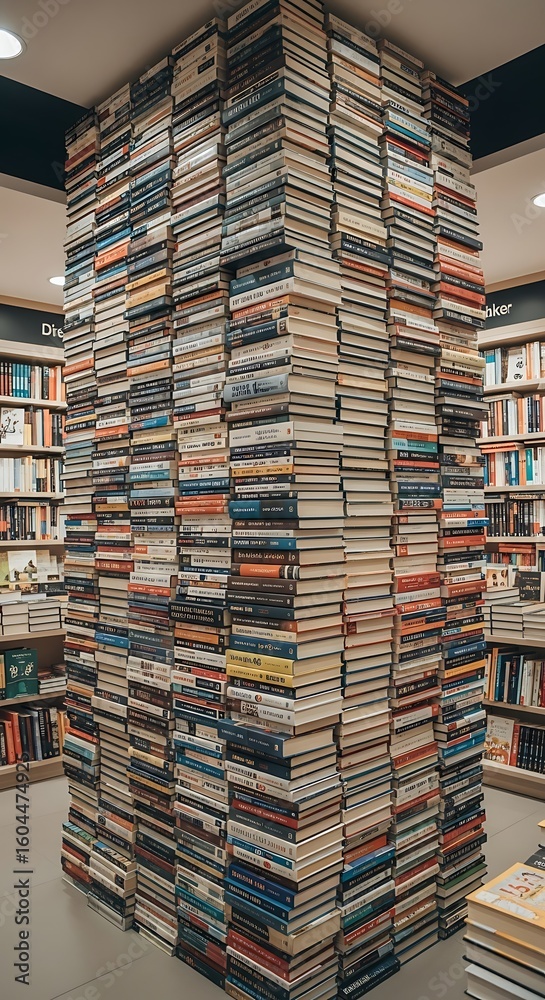 Fototapeta premium Towering stacks of books fill a bookstore display.