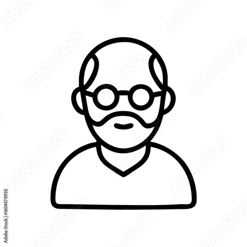 Minimalist black outline vector icon of a grandfather avatar with glasses and a beard, symbolizing wisdom, family, and senior character. Isolated on a transparent background