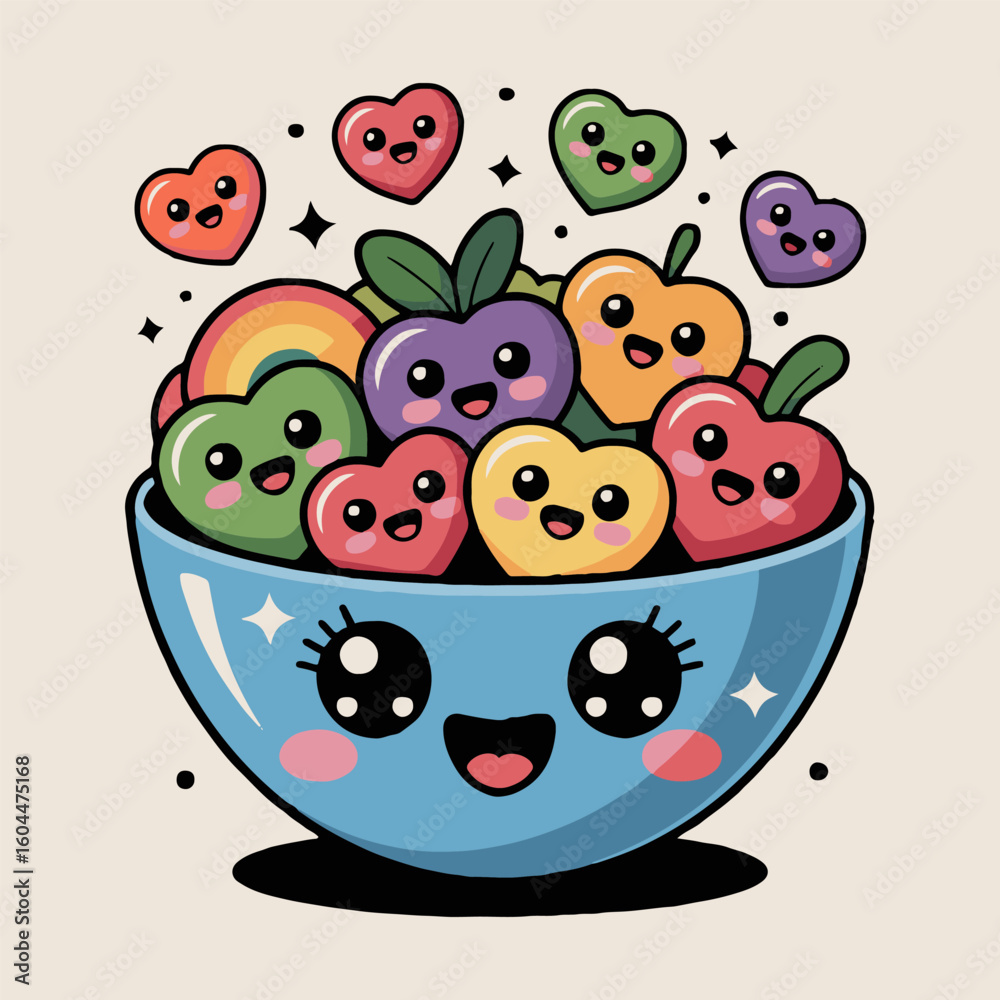 Obraz premium A bowl full of colorful hearts and rainbow with a kawaii style bowl with a smiling face and big eyes