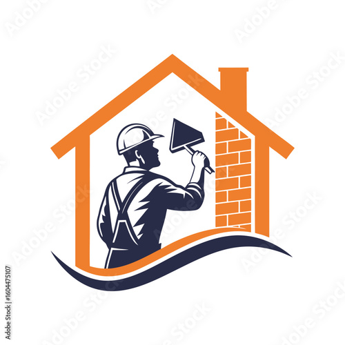 Construction Worker and House Frame Logo for Building Contractors

