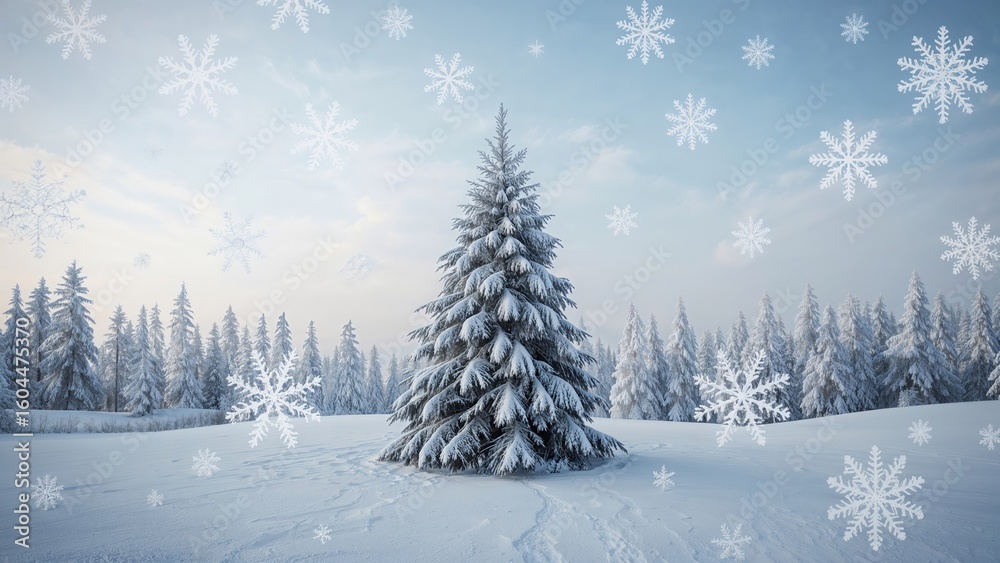 Fototapeta premium Snow-covered Christmas tree set against a frosty winter landscape