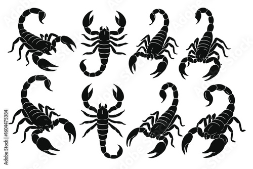 Black and White Scorpion Vector Collection, Striking Silhouette Icons, Aggressive Venomous Scorpion Clipart for Tattoo Designs, Tribal Art, Logo Elements, Transparent Background Set