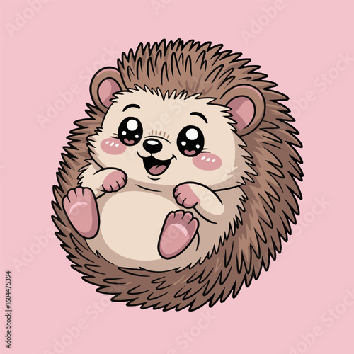 A cartoon hedgehog with big eyes and a happy expression on a pink background digital illustration