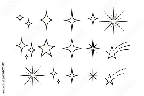 Sparkle and star icon set. Big collection of glowing stars, starbursts, and shooting star symbols. Abstract celestial and cosmic shapes for graphic design, logos, or backgrounds.