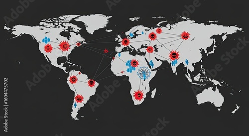 Global threat map showing virus spread and environmental challenges