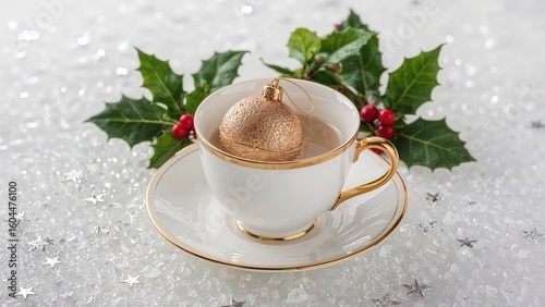 Bright holiday star and golden ornament with a tea cup