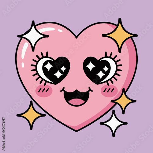 A pink heart cartoon character with star eyes and a happy smile on a light purple background design style