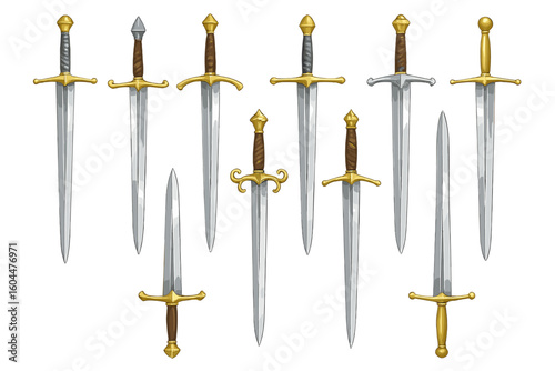 Sword vector collection of medieval weapons. Gold and silver swords for fantasy RPG games. Double edge blades, dagger, cross guards, hilt designs. Knight combat tool set.